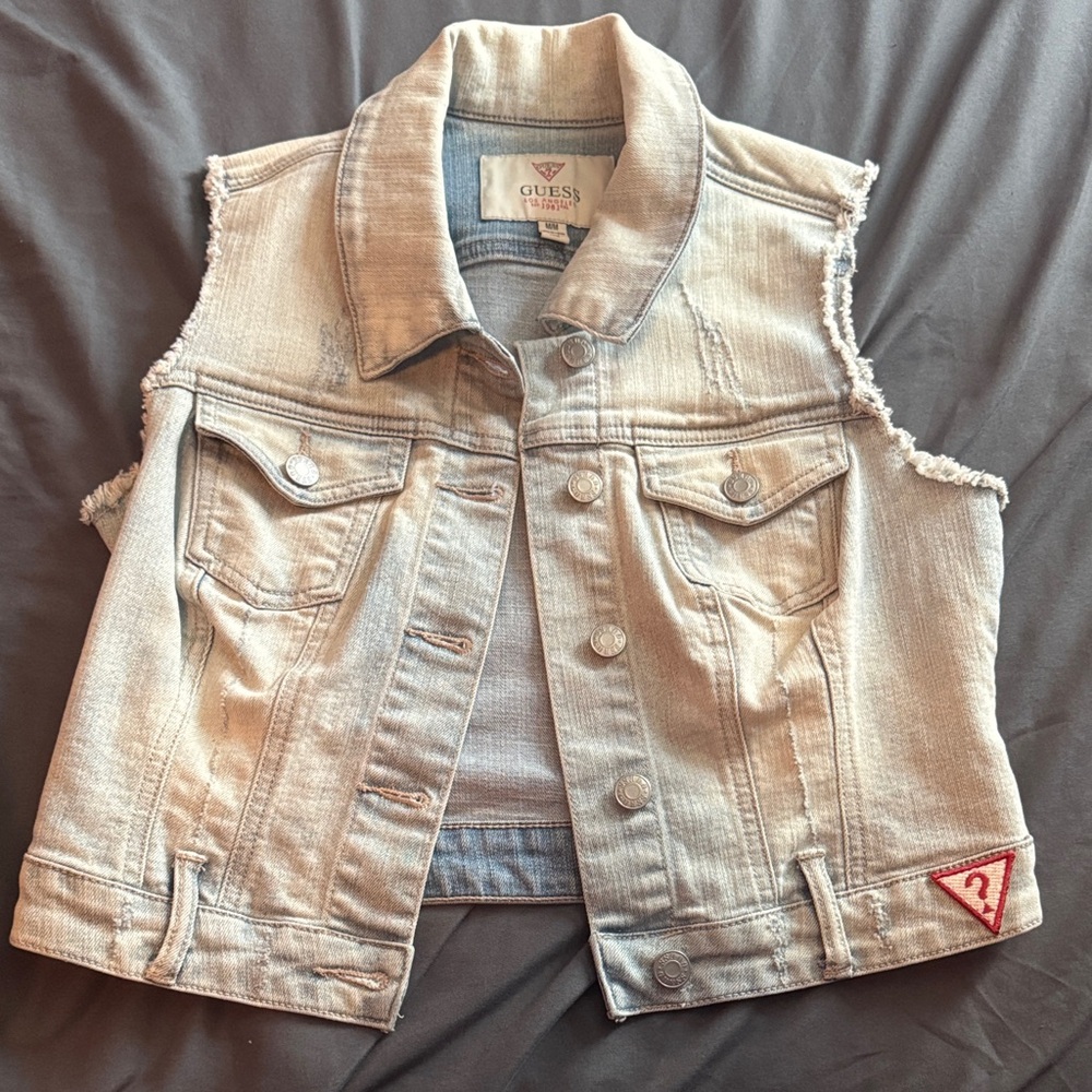 Guess Light Blue Denim Vest with Frayed Edges
